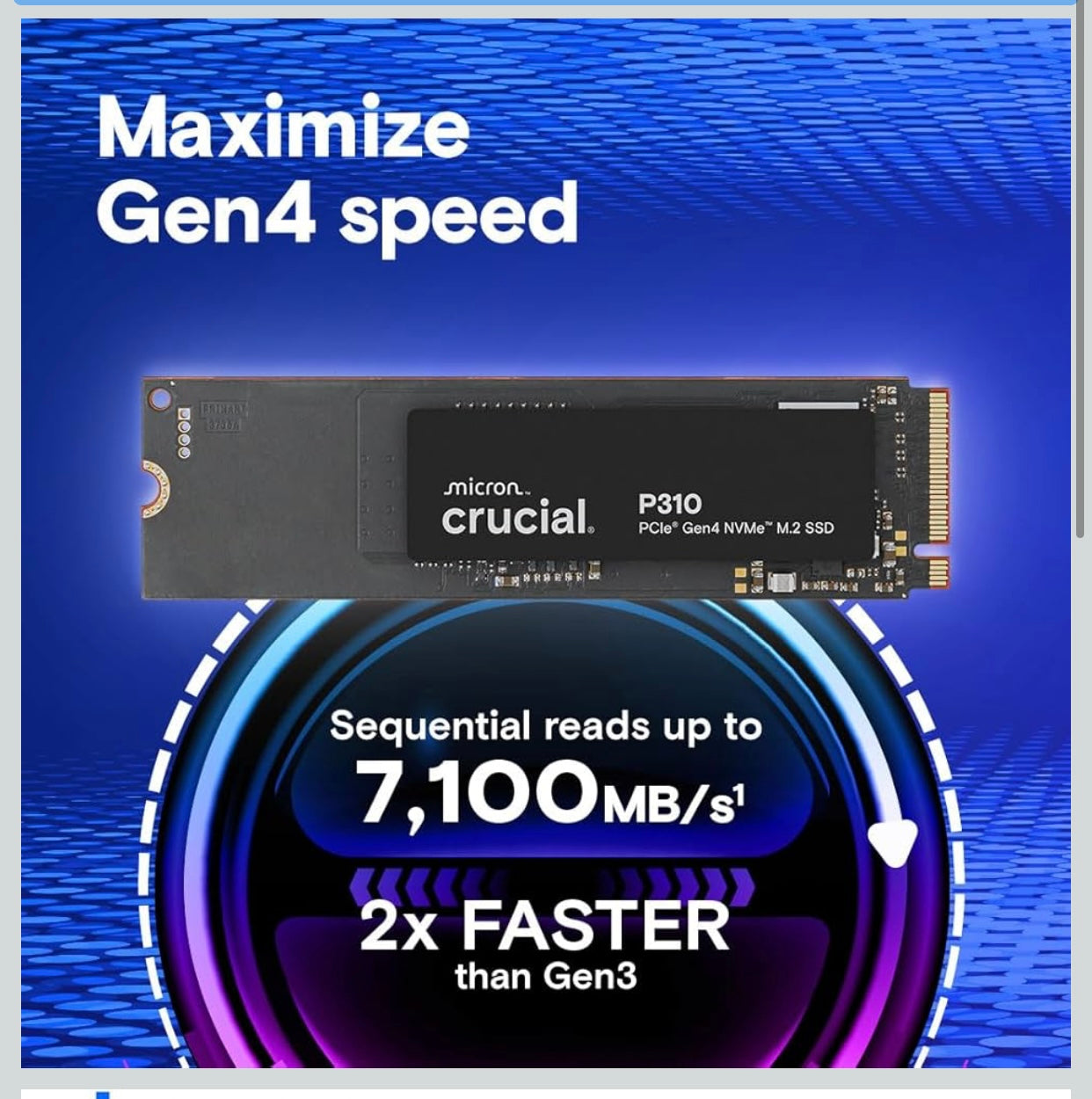 Crucial P310 1TB SSD M.2 2280 NVMe PCIe Gen4, Up to 7,100MB/s, Laptop & Desktop (PC) Compatible, Internal Solid State Drive - CT1000P310SSD801